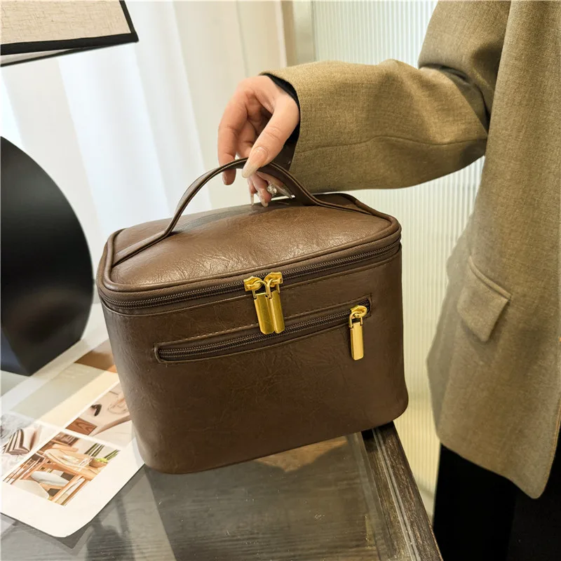 New Leather Portable Makeup Case Zipper Pulls Extra Pocket Handle Multiple Compartments Travel Skincare Toiletries Storage Bag