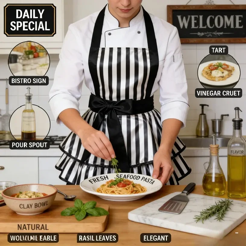 Daily Black White Stripe Mi nimalist Cotton Apron for Kitchen Baking Art Painting Floral Work Smock