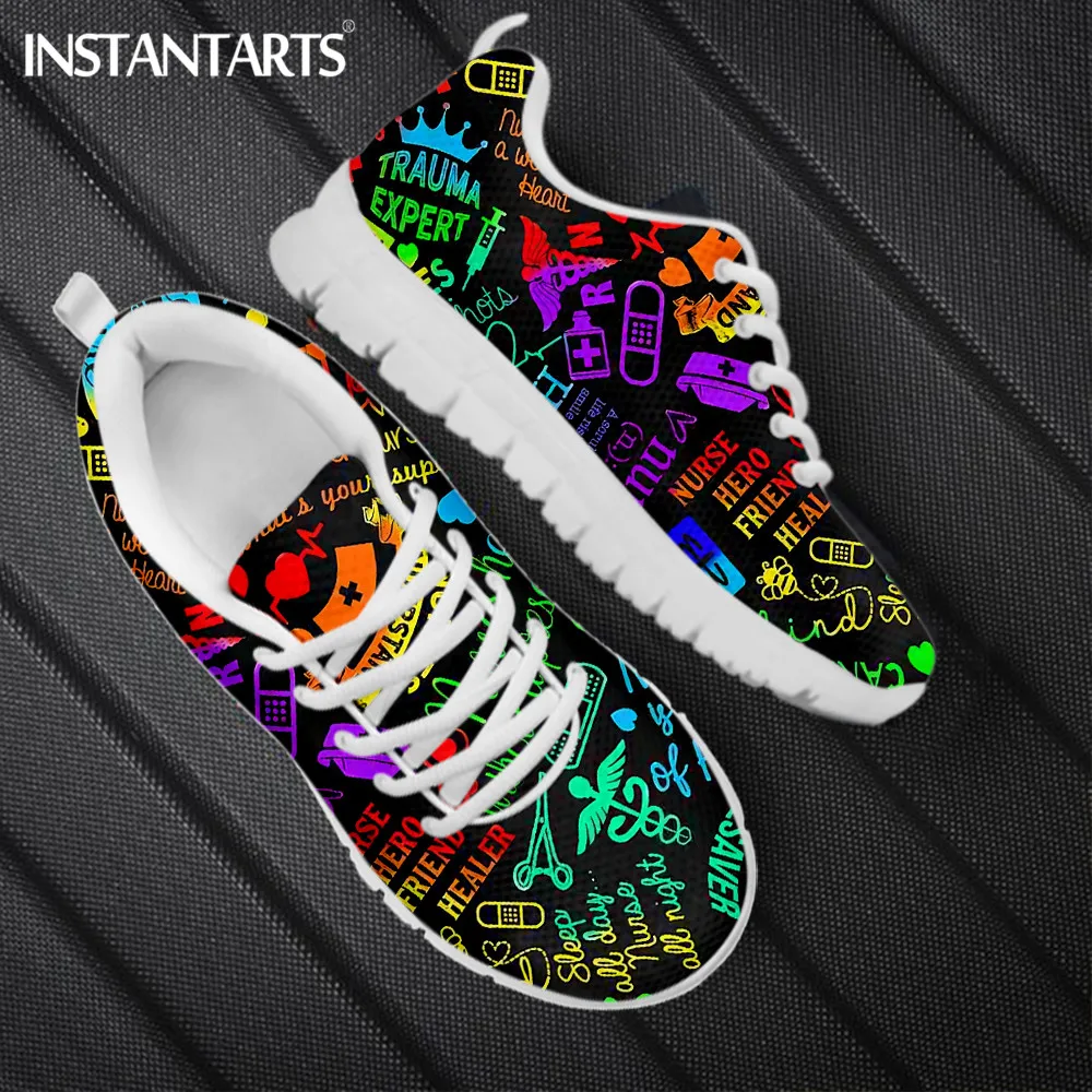 INSTANTARTS New Trend Women Lace up Running Sneakers Paramedic EMT EMS Pattern Ladies Flat Shoes Casual Mesh Shoes Zapatillas