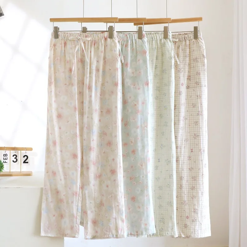 

2025 Spring/Summer Women's Sleeper Pants 100% Cotton Gauze with Floral Pattern Grid Gauze Pants Thin Home Pants Bottoms Womens