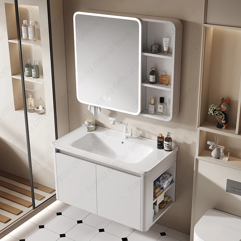 Combinação de vaidade flutuante moderna do banheiro com uma peça cerâmica pia bacia espelho armário torneira design para grande armazenamento
