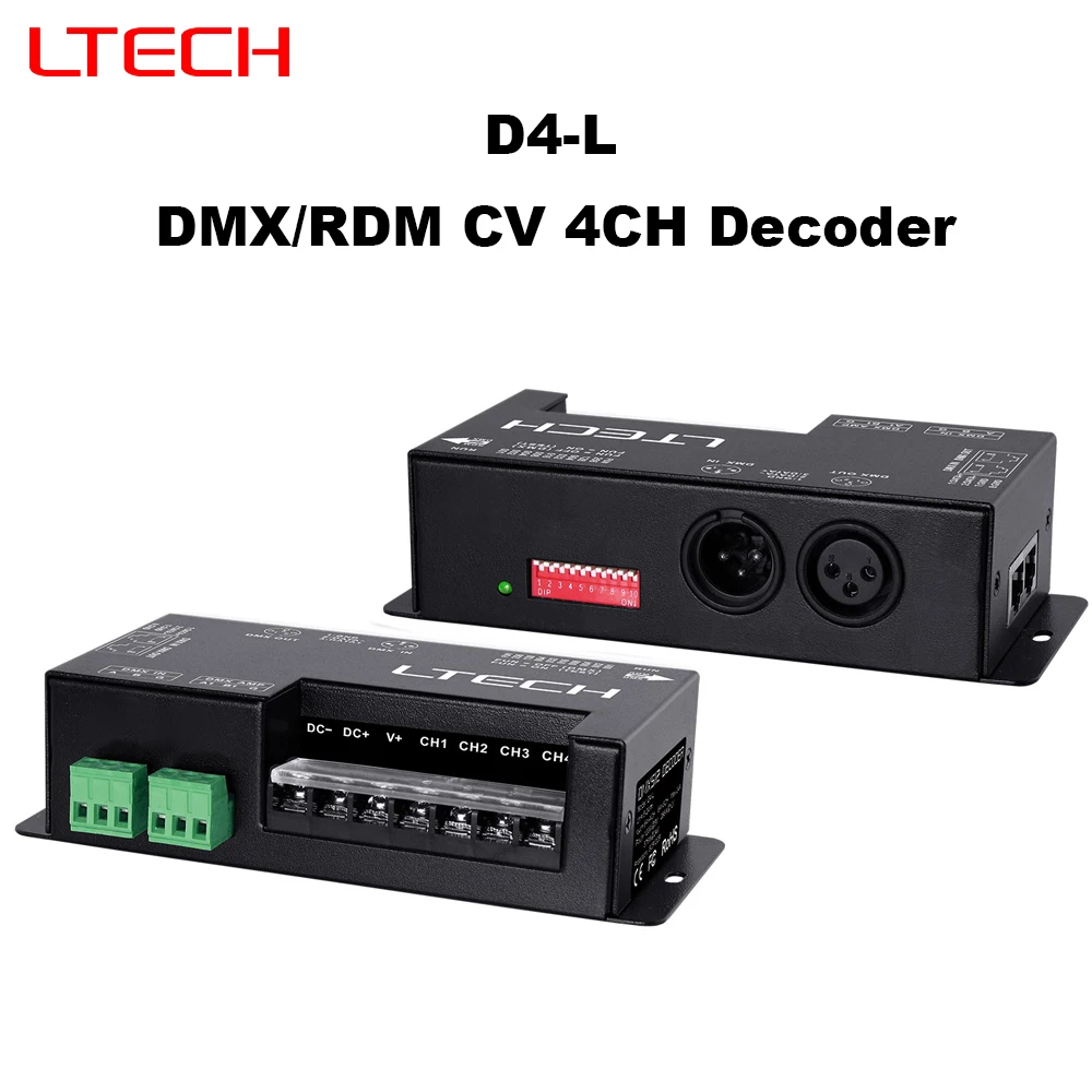

LTECH DMX512 / RDM 4CH CV Decoder D4-L 6A*4CH 8A *3CH DC5-24V RGB RGBW 4 Channel Control Max.24A