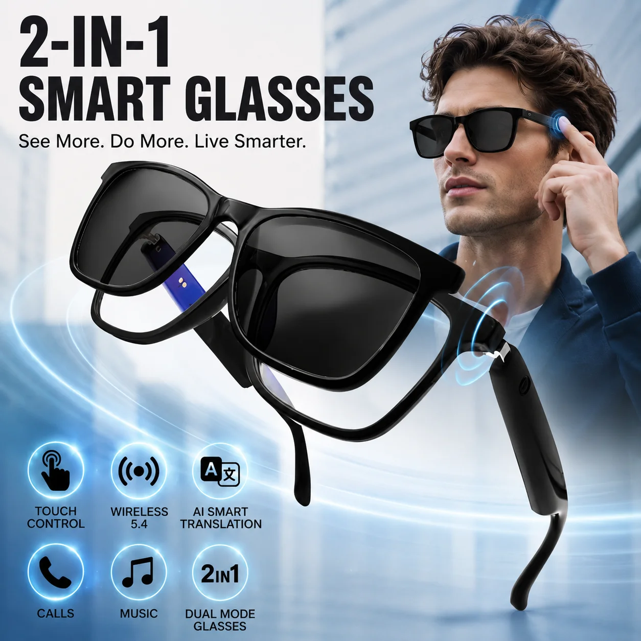 Koipsse Smart Glasses with Microphone Fashion Wireless Call Sports Sunglasses 2 in 1 High-Tech Music Playback Anti-Blue Light UV