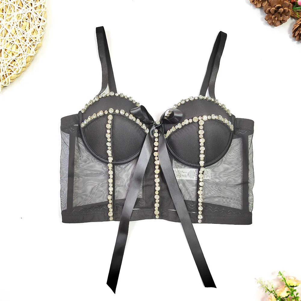 

Sexy Perspective Lace Chiffon Cropped Top Women Bras Beaded Diamonds Sleeveless Tube Top Slim Bow Camisole Tank Tops Y3132