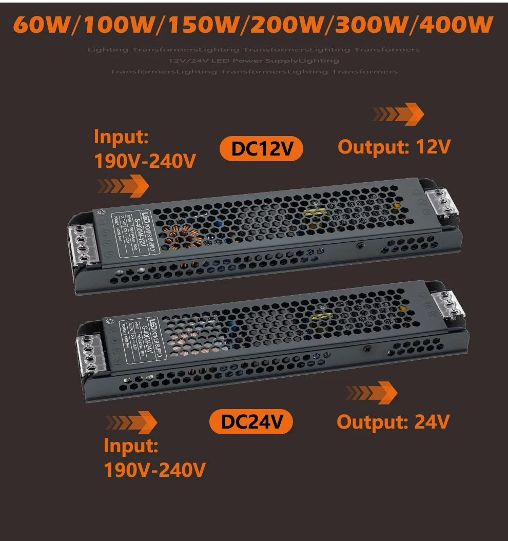 LED Power Supply AC190-240V DC12V 24V Mute Lighting Transformer LED Converter Light Driver Power Adapter 60W 100W 200W 300W 400W