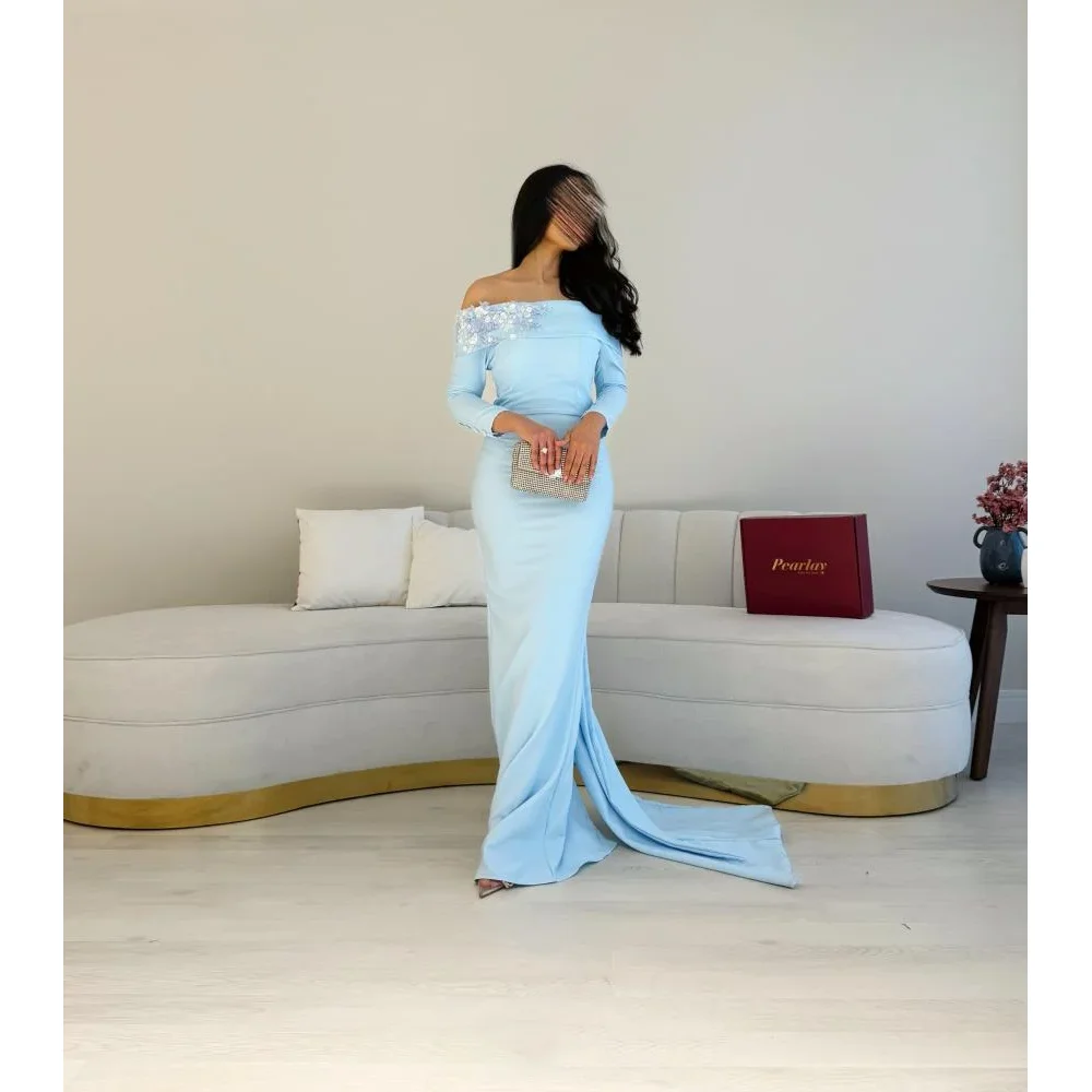 

Off Shoulder Evening Dress Customized Boat Neck Appliqued Floor Length Straight Saudi Arabic Prom Dresses Formal Occasion Gown