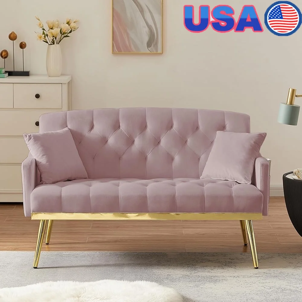 

Compact Velvet Loveseat Sofa with Gold Metal Legs Tufted Design Armrest Pockets Comfortable Furniture Living Room Bedroom