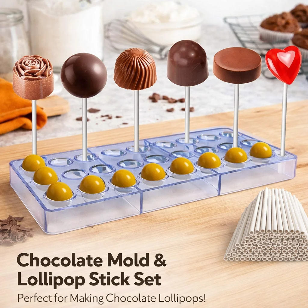 1Pcs Chocolate Lollipop Mold Set with 100 Sticks, DIY Baking Tools for Kids to Make Homemade Candy & Treats