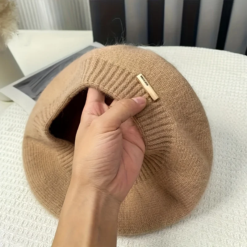 قبعة نسائية عصرية، لون خالص، قابلة للتنفس ومرنة. مثالية لعطلة الخريف/الشتاء وعيد الميلاد. غسل اليد فقط. #4