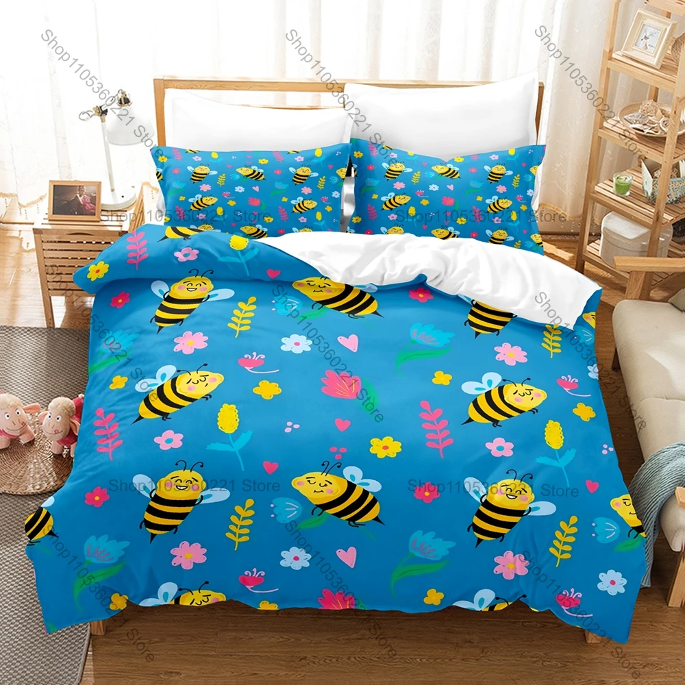 Lovely Honey Bee Pattern 3-Piece Bed Set Comfortable Lightweight Duvet Cover Pillow Shams Cartoon Animal Design Bedding Bedroom