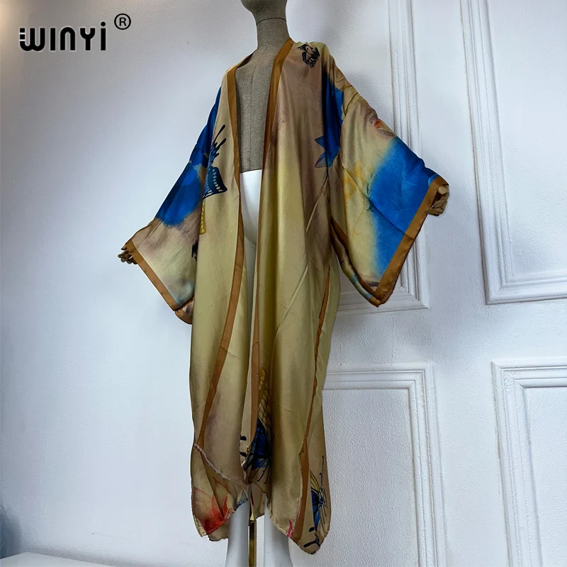 Winyi Afrika Zomer Mode Kimono Maxi Jurk Strand Cover Cardigan Boho Maxi Jas Abayas Print Kaftan Strand Outfits Vrouwen