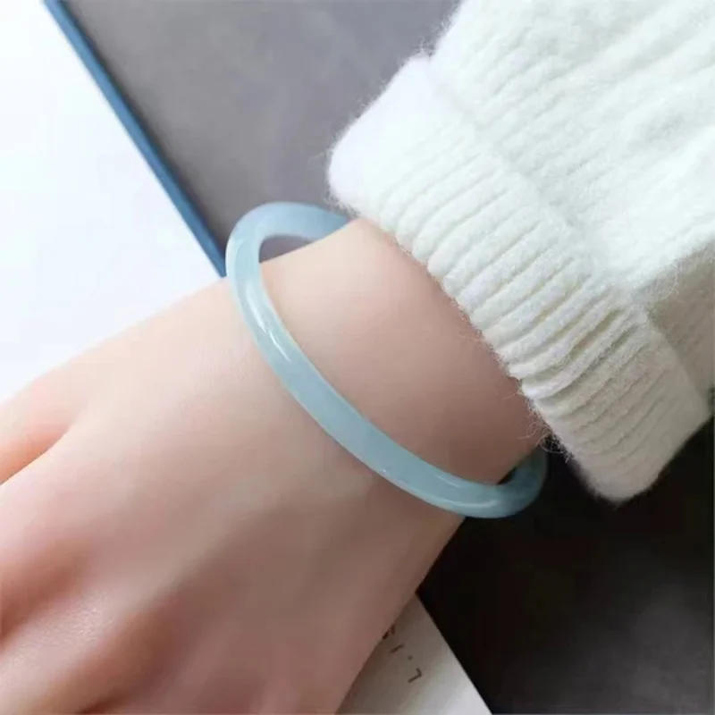 New Natural Chalcedony Round Bar Bangle Aqua Blue Agate Bracelet Narrow strip charming Handring Fine Jewelry