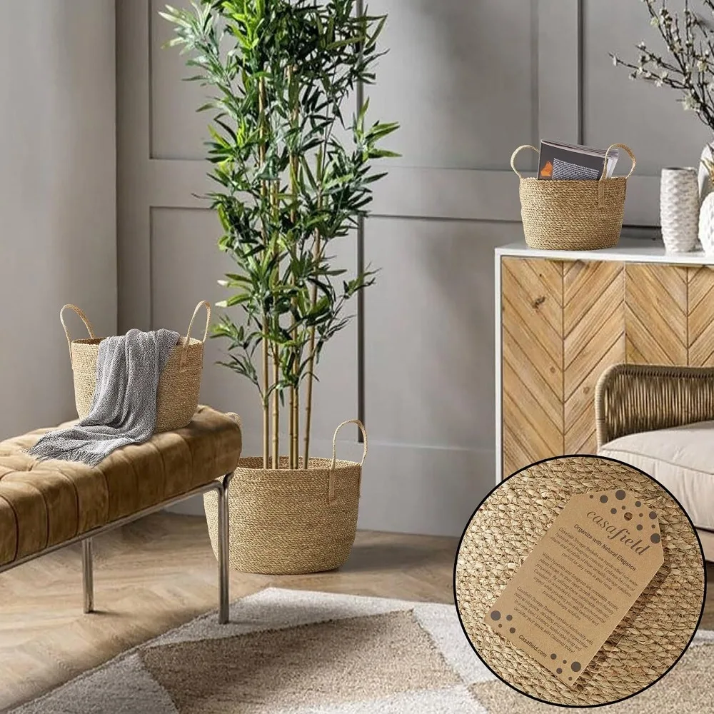 Casafield Set of 3 Braided Seagrass Baskets Jute Handles Natural Woven Storage Planters Boho Decor