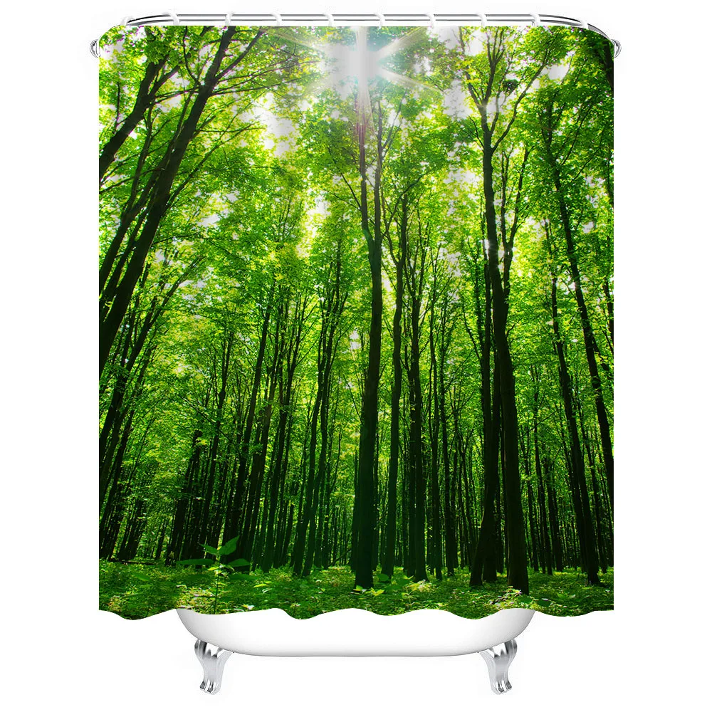 1pc Forest Shower Curtain Bathroom Partition Decorative Curtain Machine Washable Green Scenery Print Window Privacy Curtain