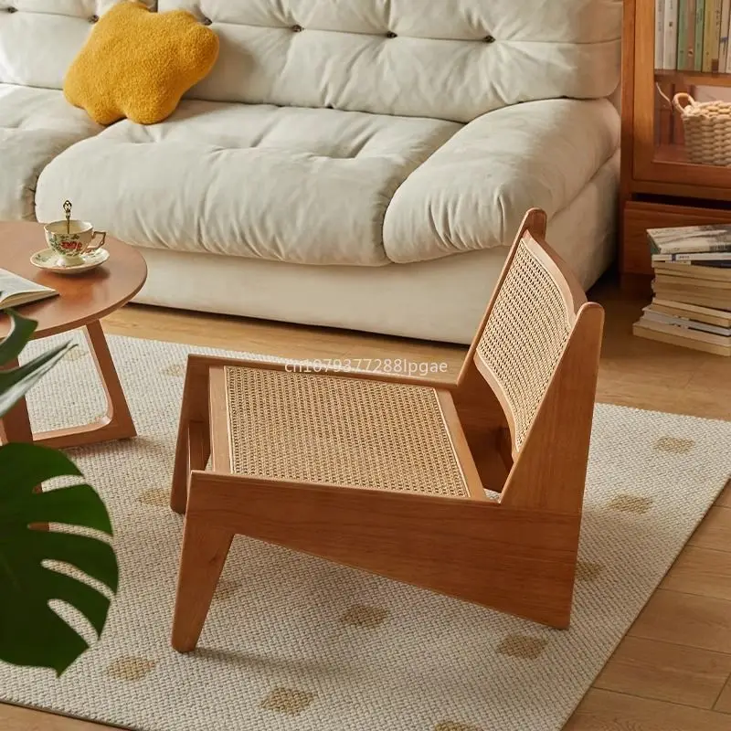 Japanese Solid Wood Kangaroo Rattan Chair Lazy Sofa Chair Wabi-Sabi Retro Style Home Nordic Balcony Leisure Furniture