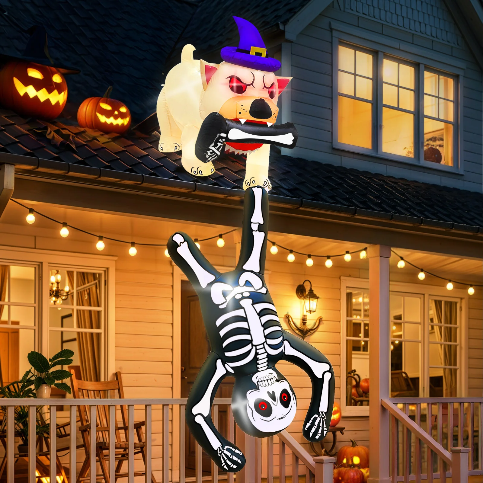 8FT Halloween Inflatables Decorations, Inflatable Dog Pulls Skeleton, Halloween Blow up Yard Decorations for Garden Lawn Party