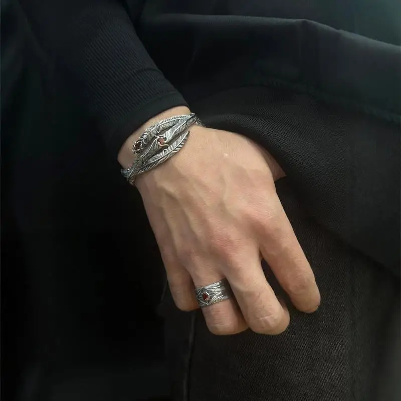 S925 Silver Vintage Open Bangle With Grass Pattern Design Men And Women