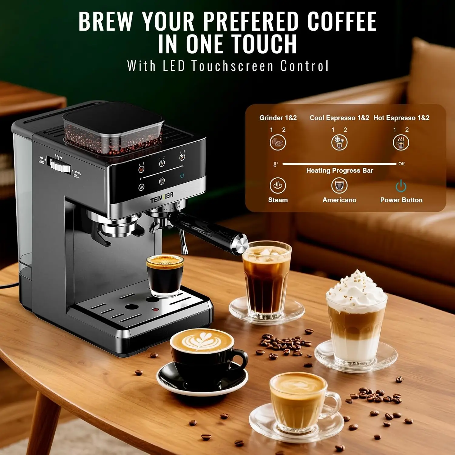 Macchina per caffè espresso con macinacaffè, macchina da caffè da 20 bar con montalatte per la casa, macchina da caffè all-in-one in acciaio inossidabile