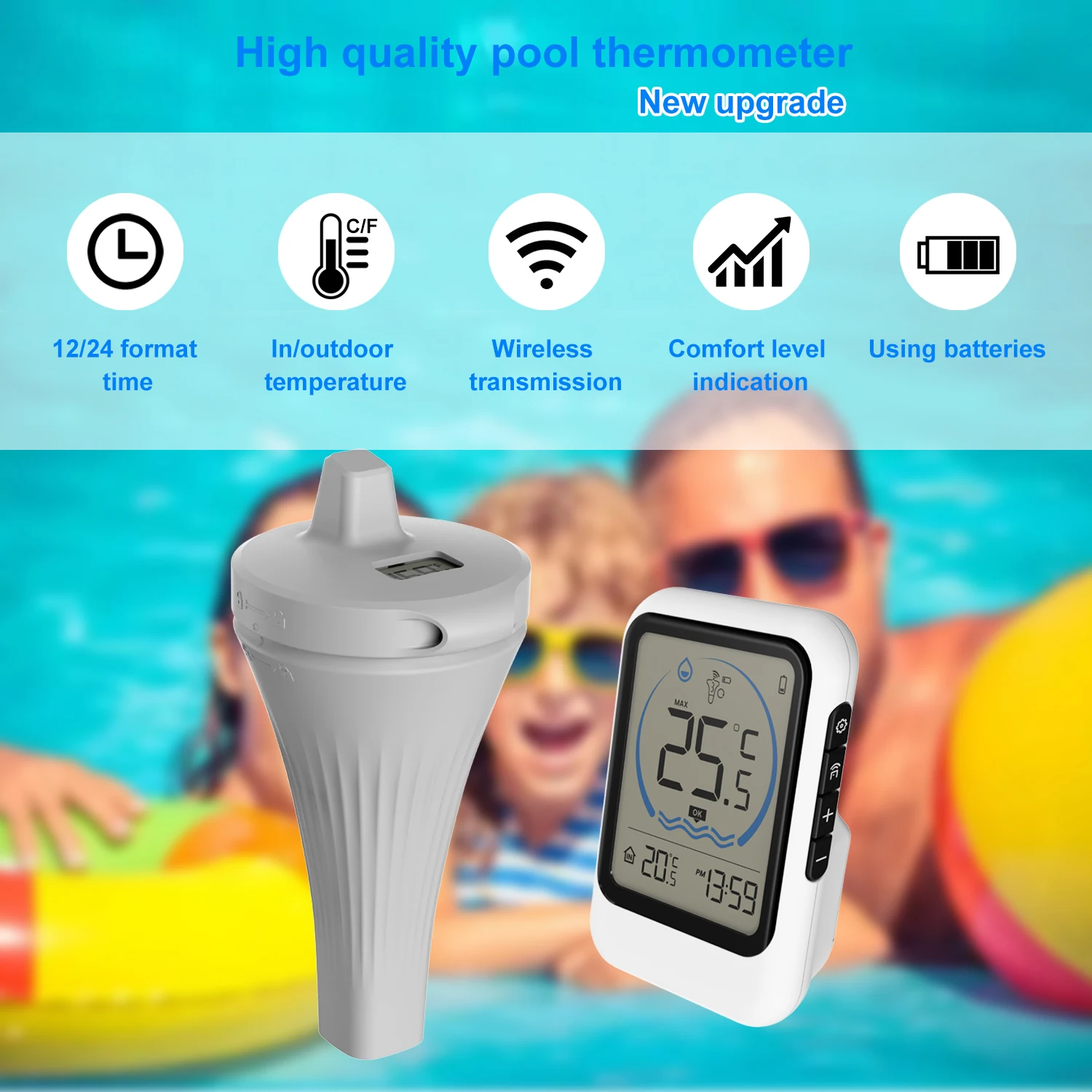 Wireless Digital LCD Pool Thermometer Clock Floating Swimming Pond Bathtub Aquarium Tank Water Indoor Temperature Monitor Record