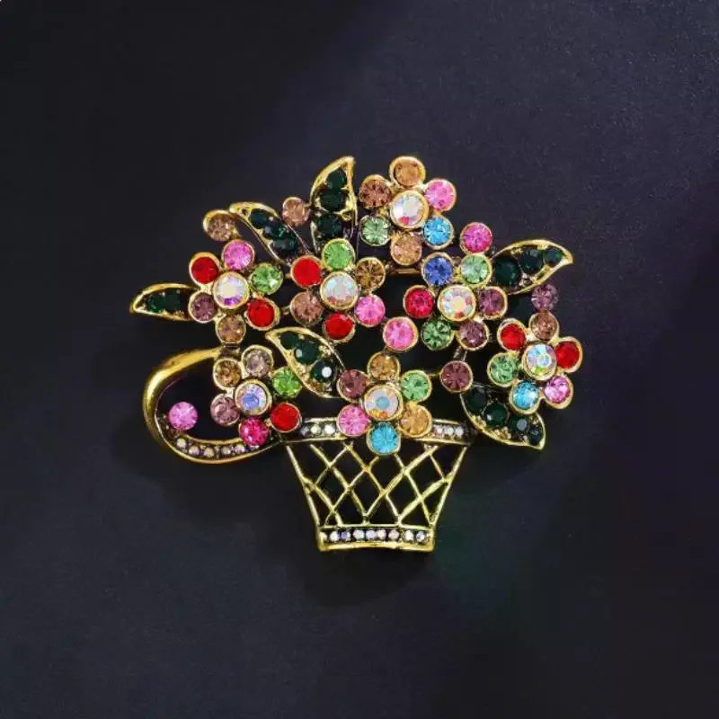 Vintage Colored Rhinestone Flower Basket Brooches Women Beauty Sparkling Flower Brooch Wedding Party Banquet Casual Jewelry Gift