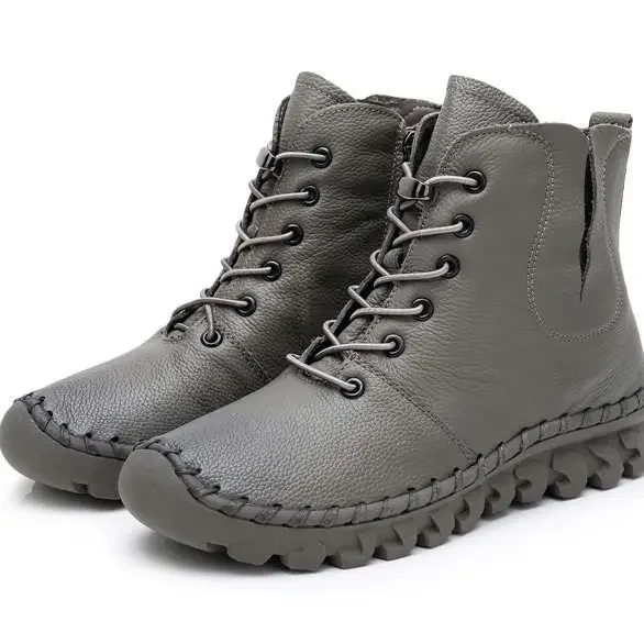 Lace-up Genuine Leather Women Boots A518 Fashion Casual Low Tube Round Toe Real Leather Shoes Winter Shoes Warm Thick