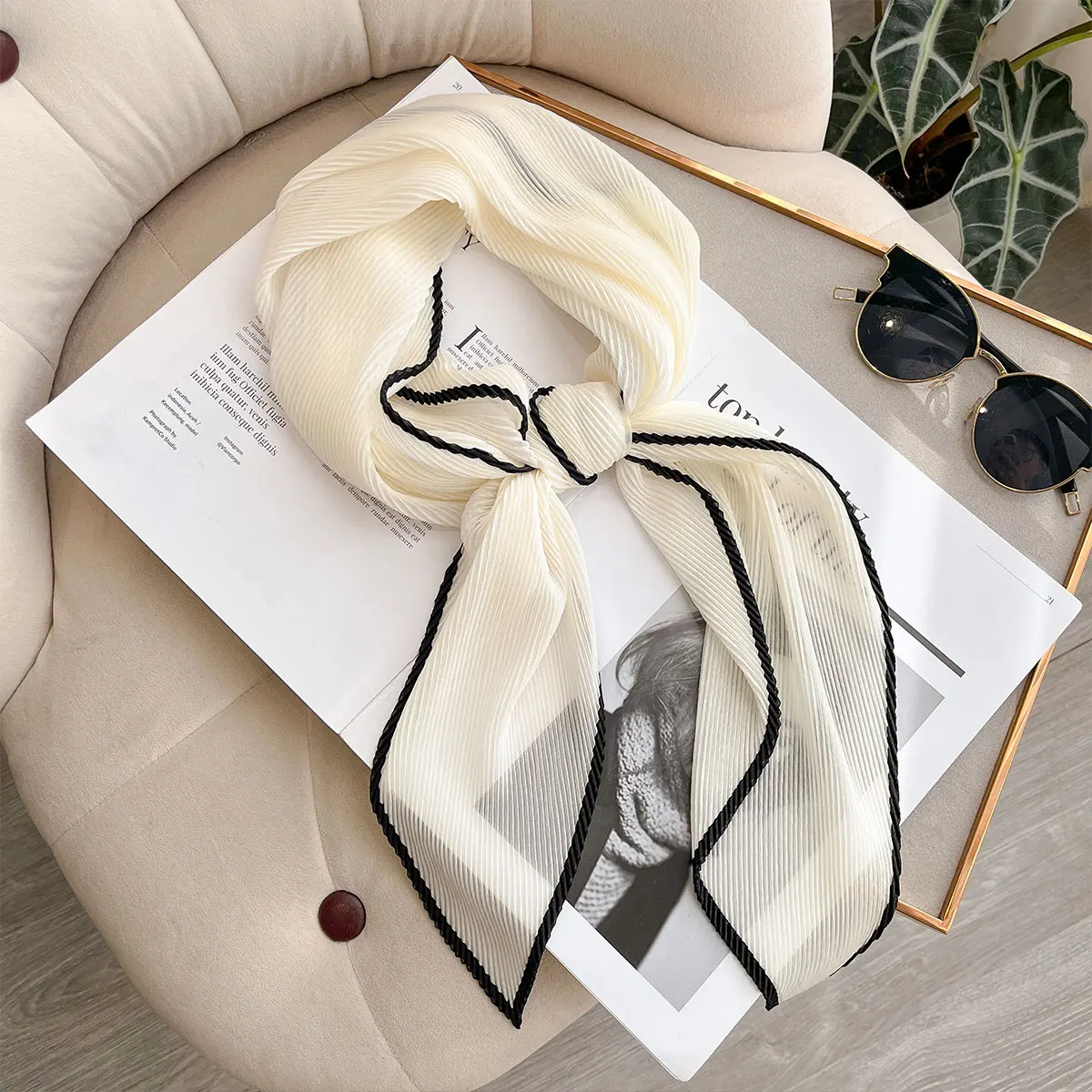 

Women Pleated Satin Solid Scarf Headscarf long Shawl Sun protection Hair Tie Band HandKerchief Satin Foulard Scarves Decorative