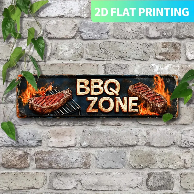 1pc Vintage BBQ ZONE Wall Sign - Rustic Outdoor/Indoor Decor with Flames Design, Heavy-Duty Weatherproof Patio Art for Backyard