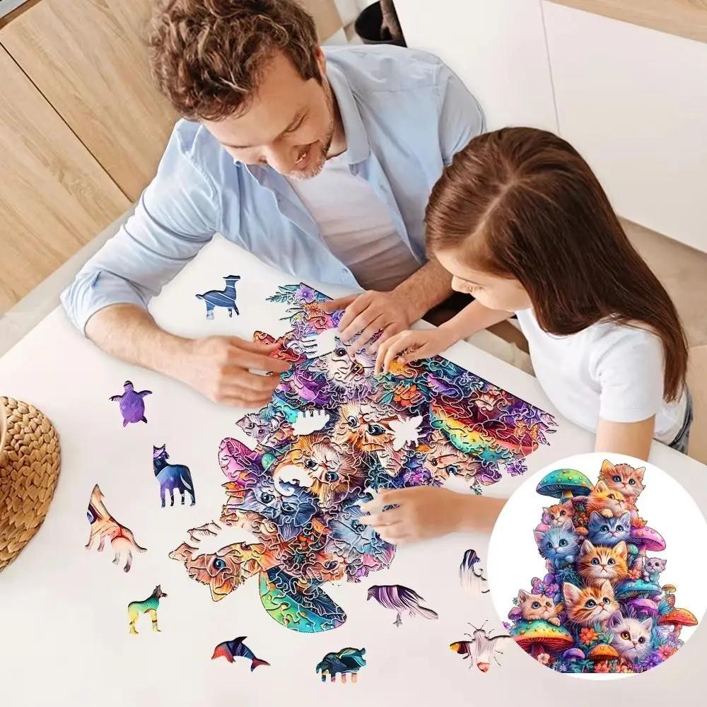 

Animal Pattern Cat Puzzle Cute Mushroom Brain Burning Adult Wooden Puzzle Irregular Shape DIY Cat Wooden Jigsaw