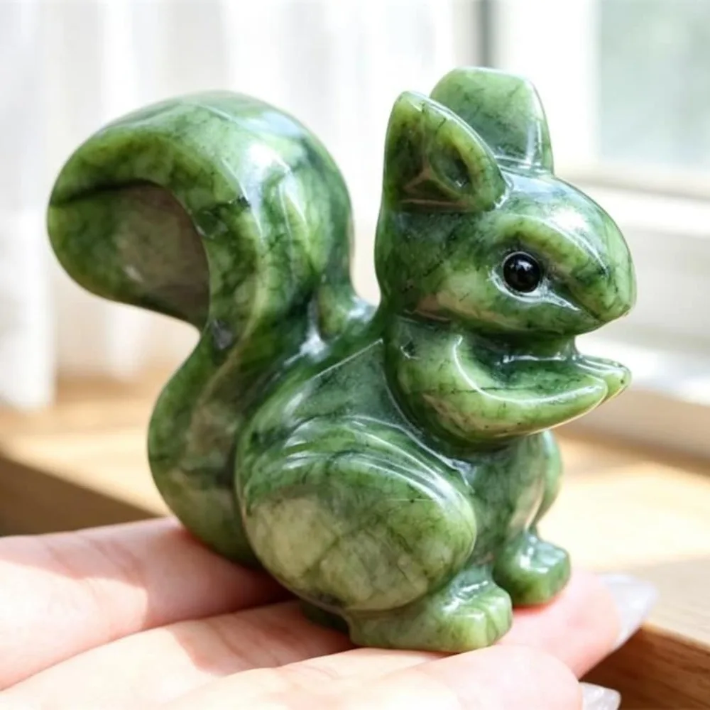 Natural Green Jade Squirrel .Crystal animal Elephant Carved Home decoration, Reiki Crystal Sculpture, Crystal Hallowmas Gifts