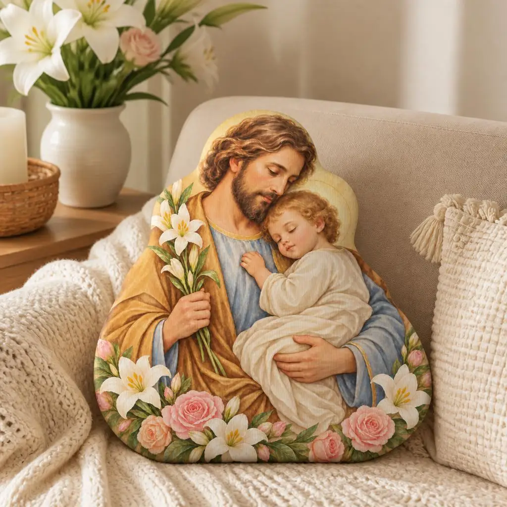 Saint Joseph Child Jesus Catholic Pillow Christian Faith Cushion Religious Shaped Throw Pillow Home Decor Gift Devotional