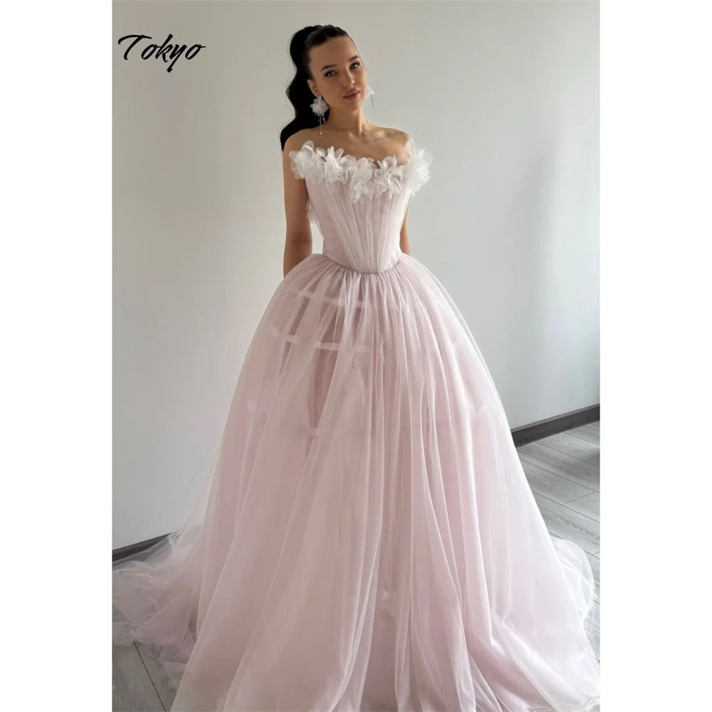Tokyo Customized Pink Strapless Wedding Dress Sleeveless 3D Flower Tulle Elegant Bridal Gown A-Line Court Train Wedding Gown