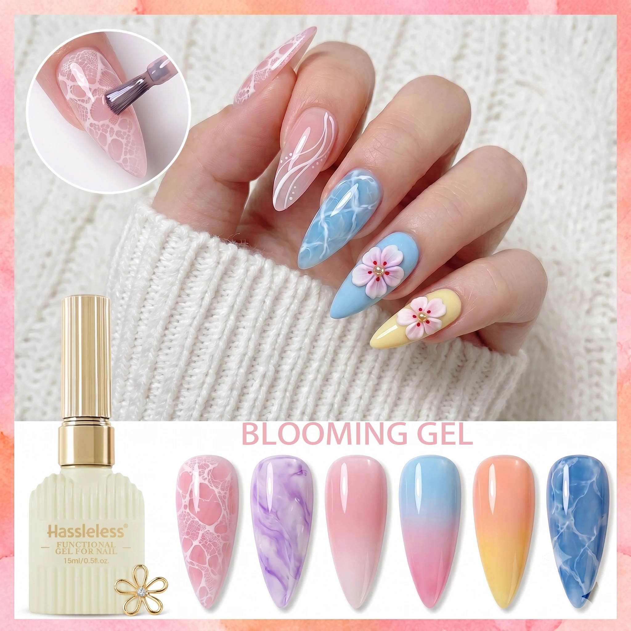 Hassleless Blooming Gel 15ml, UV/LED Cured, Soak-Off Formula, Creates Fluid Marble and Floral Nail Art Effects Easily