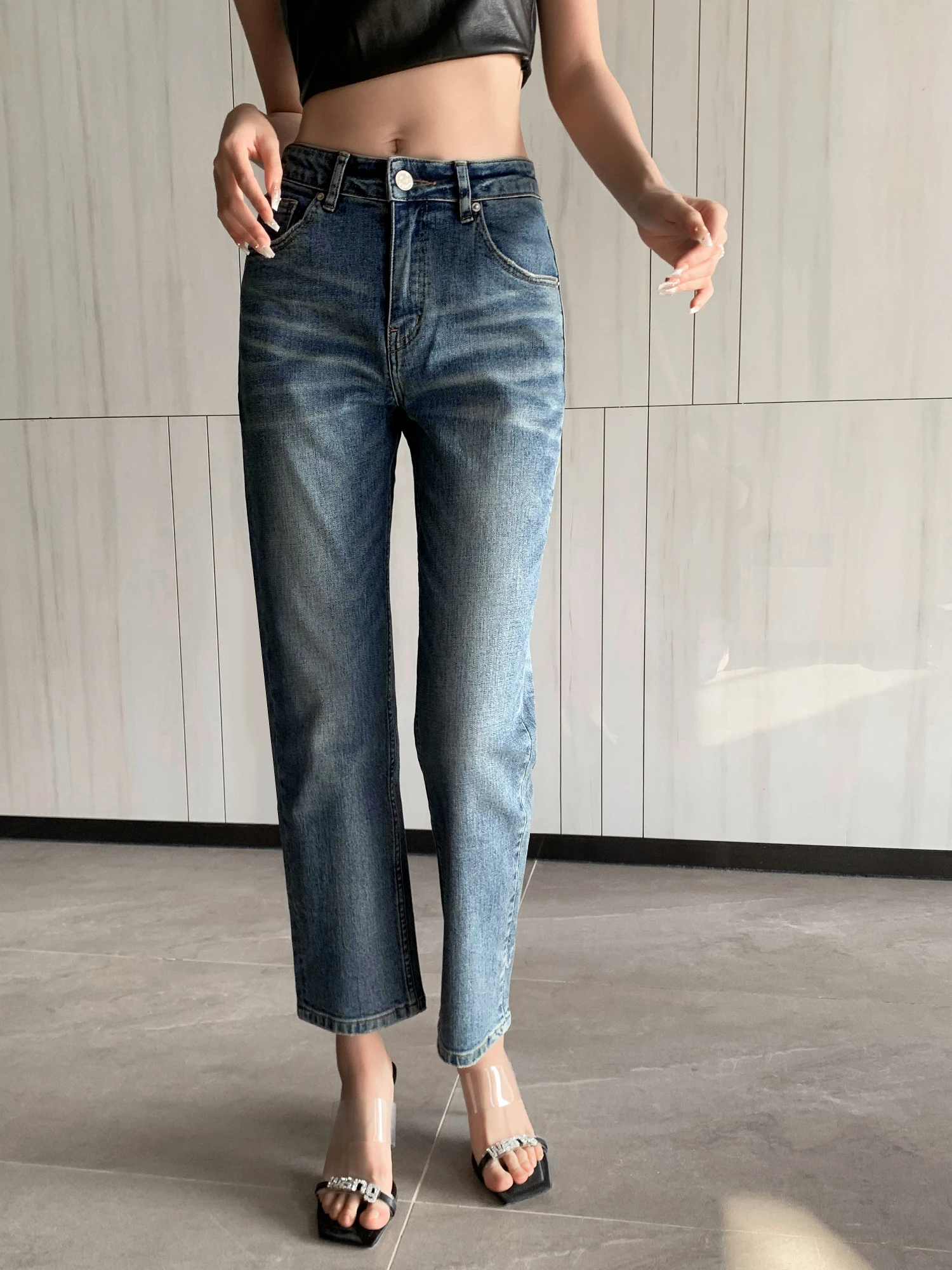 FRENCH ROMANCE  VINTAGE NEW FASHION Y2K SUMMER DENIM SLIM HIGHT-WAISTED NINE-POINT JEANS