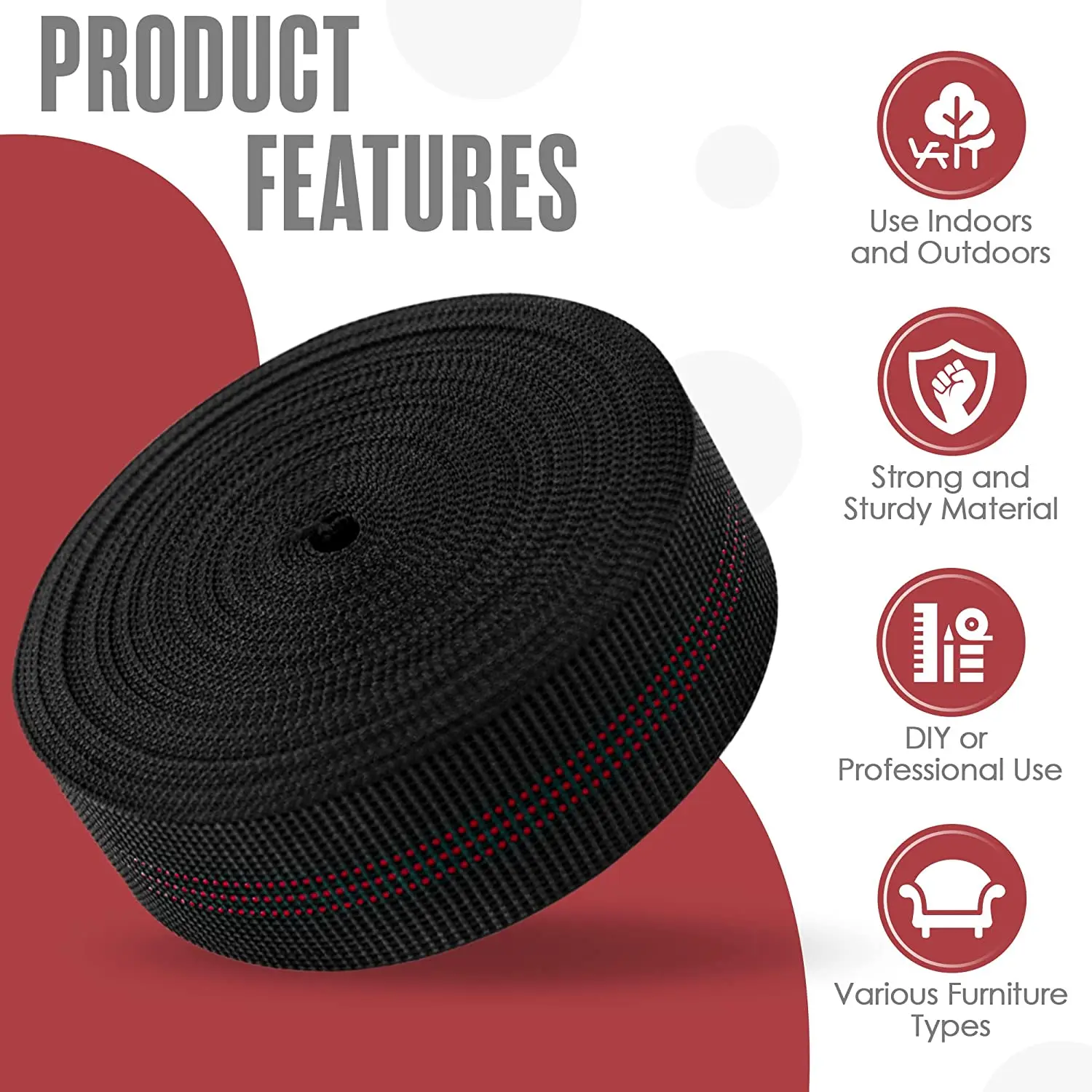 حزام مرن أسود للكرسي ، حزام مطاطي ، لفة شريط مطاطي ، شريط مطاطي ، شريط إصلاح وتعديل ، 2 "عريض ، قوة 36 قدمًا ، ←" ،