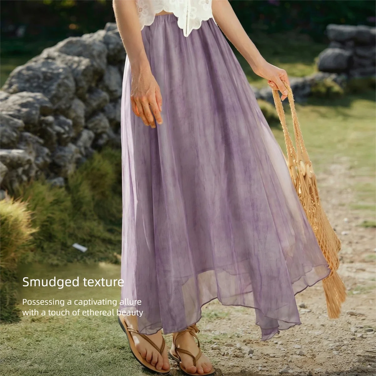 OLrain Asymmetrical Hem A-Line Skirt 2026 Summer Gradient Dye Texture Casual Vacation Loose Long Skirt Women Bottom O58XB003269