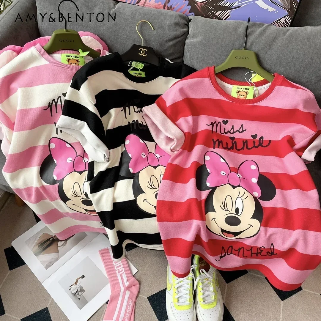 

Women's Clothes Contrast Color Tees Striped Cartoon Printed Short-Sleeved T-shirts 2023 Summer New Top Pullovers Y2k Accessories