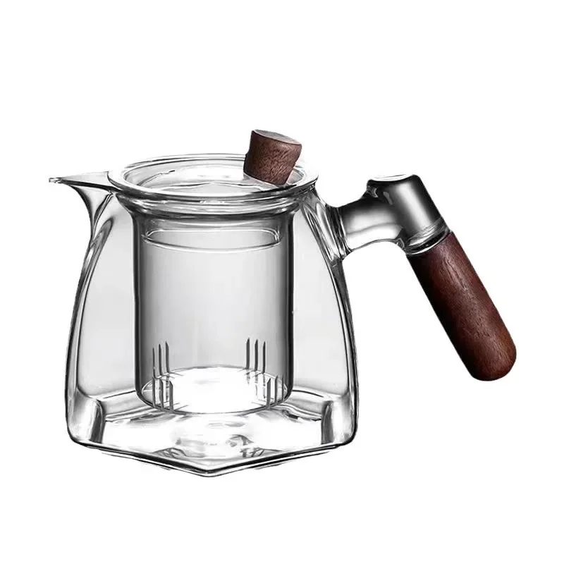 

High borosilicate heat-resistant glass teapot kettle walnut handle tea maker