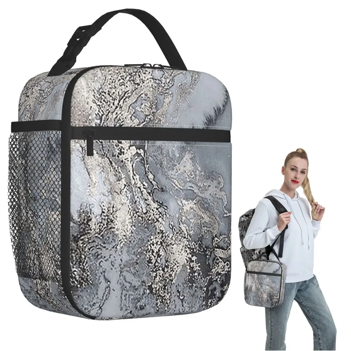 Grey And Silver Marbl Insulated Lunch Bag for Women Children Leakproof Food Boxes Thermal Lunch Box Tote