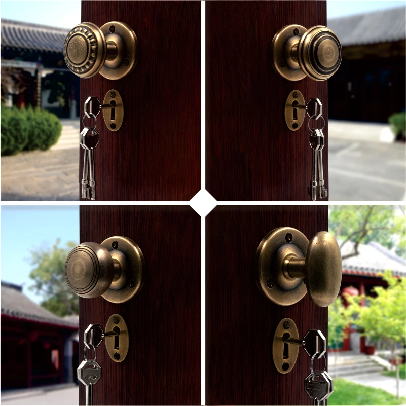 Antique Security Brass Solid Door Lock for Bungalow, Old-fashioned Wood Door Lock Handle Ball Handle Key Lock Door Blocage Porte