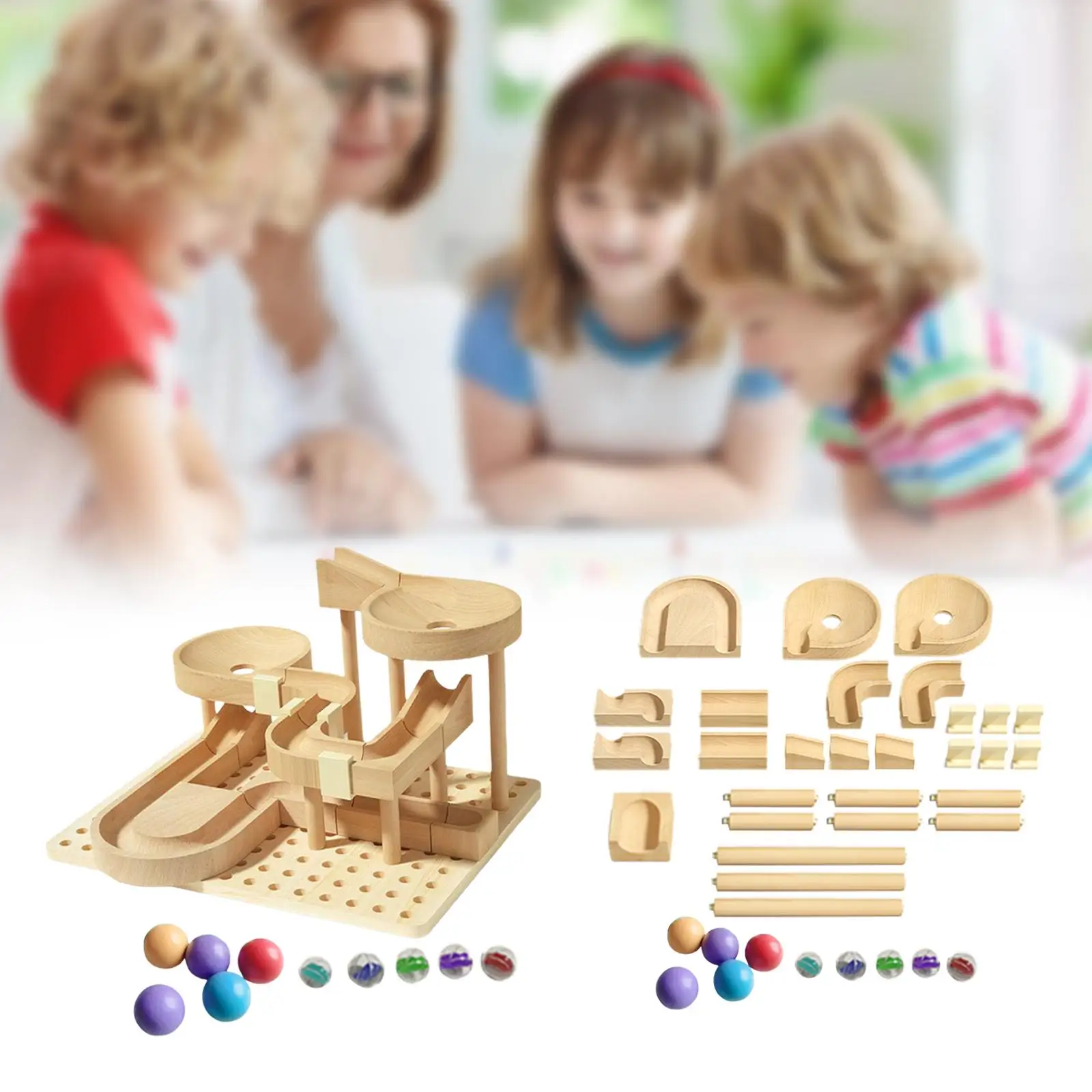 

Wooden Marble Run Blocks DIY Assembly Wood Building Blocks Toys for Age 4-8