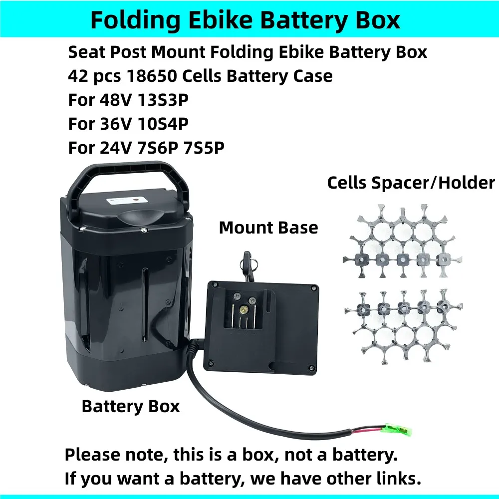 Seat Post Mounting Folding Ebike Battery Box 42 pcs 18650 cells City Foldable Bike 24V 36V 48V Battery Case with Cells Holders