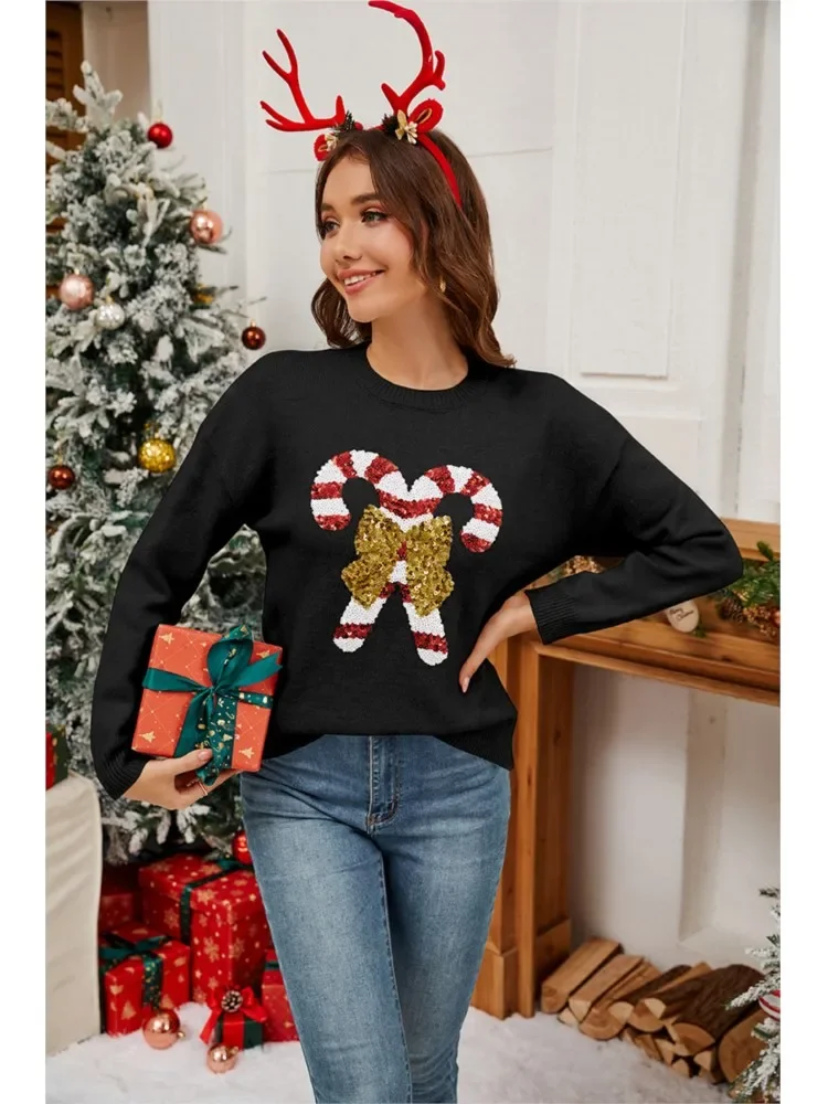 2025 クリスマスセーター レディース、蝶のスパンコールプリントスタイルのゆったりとしたプルオーバー、クリスマスの装いとギフトに最適な柔らかく暖かいニットウェア