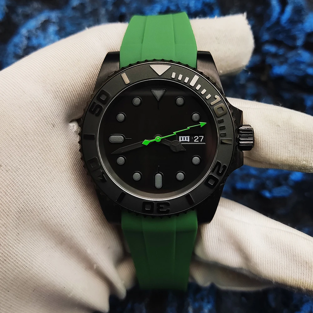 40mm Dress Mechanical Men\'s Automatic Watch Black PVD Case Sapphire Glass Japan NH36 Movement Rubber Strap Black Green