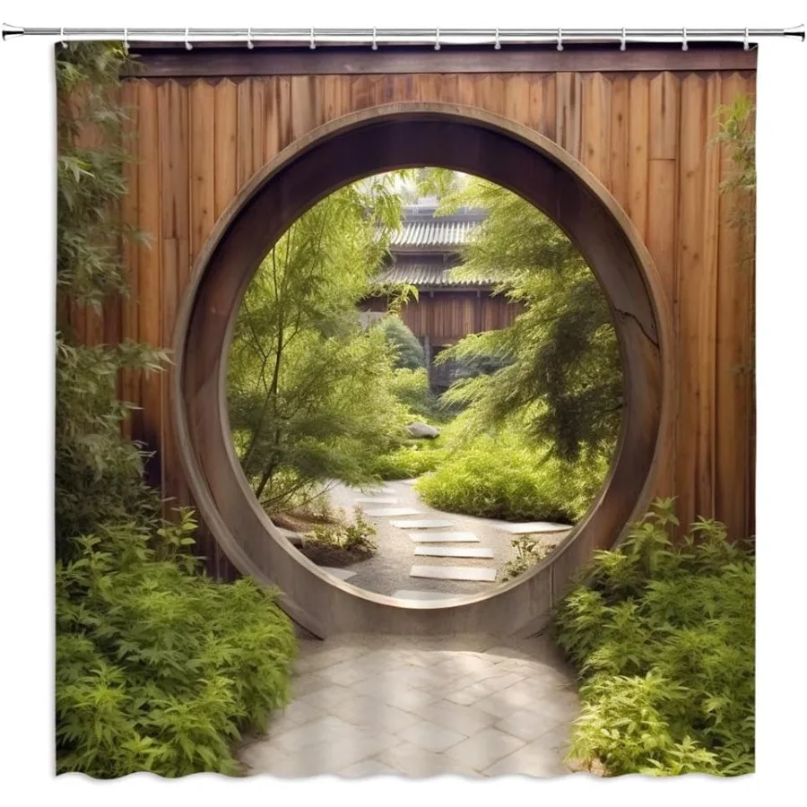 

Японская занавеска для душа, деревянные настенные ворота, сад, двор, зеленое растение, ритский дверной проем, круг, парк, турель, энер, ванная комната, декабрь