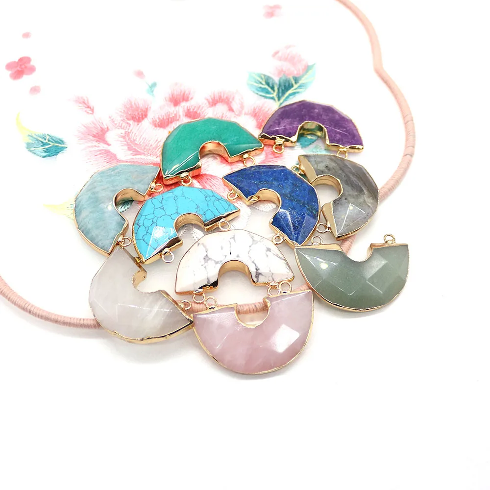 

1pc Moon Shape Natural Amazonite Amethyst Green Aventurine Double Hole Pendants Jewely Accessory For Making Necklace Connector