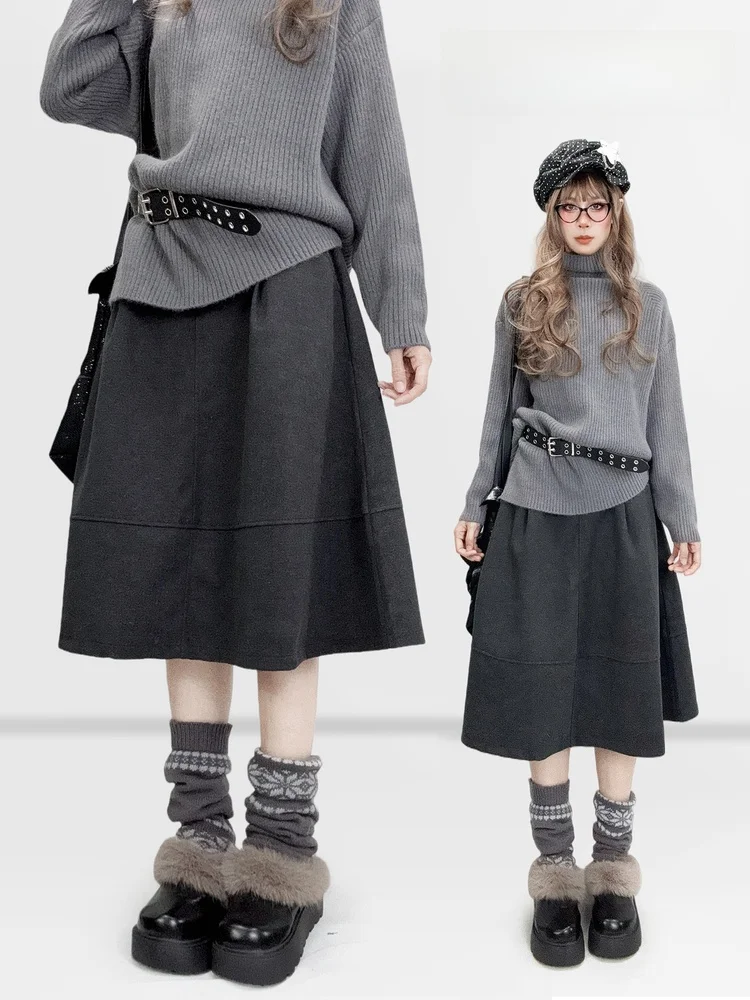 

High Waist ey Woolen Skirt A-Line Midi Umbrella Skirt Classical Sle Ladies Faion Ciwalk Winter Season Ele Sensation