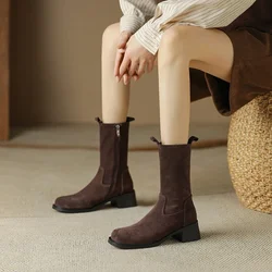 NEW Autumn Women Boots Round Toe Chunky Heel Boots Cow Suede Leather Shoes for Women Zipper Mid-calf Boots Winter Ladies Shoes