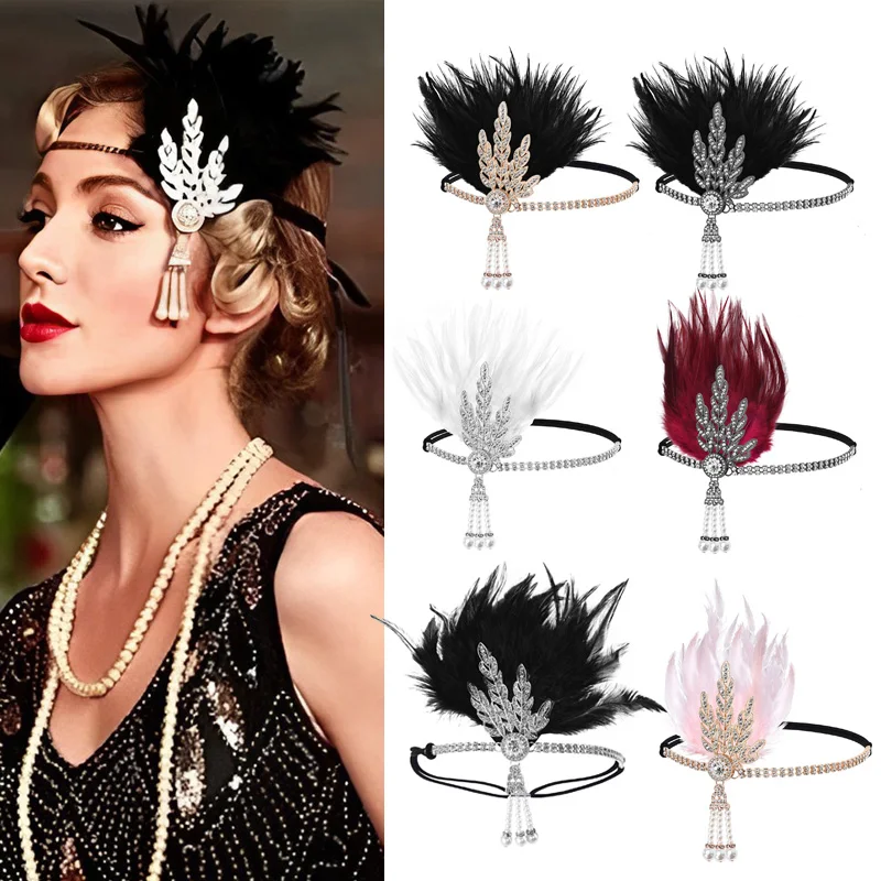 Fascia per capelli flapper anni '20 Vintage da sposa Grande Gatsby ruggente Copricapo per feste Fascia per capelli con piume Puntelli per costumi Accessorio per capelli con perline