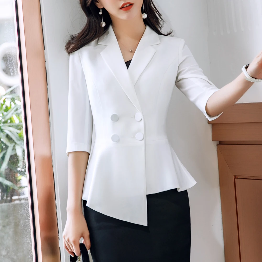 Women Thin White Blazers Autumn Female Summer Blazer Half Sleeve Double Breasted OL Womens Slim Coats Femme Ladies Black Tops