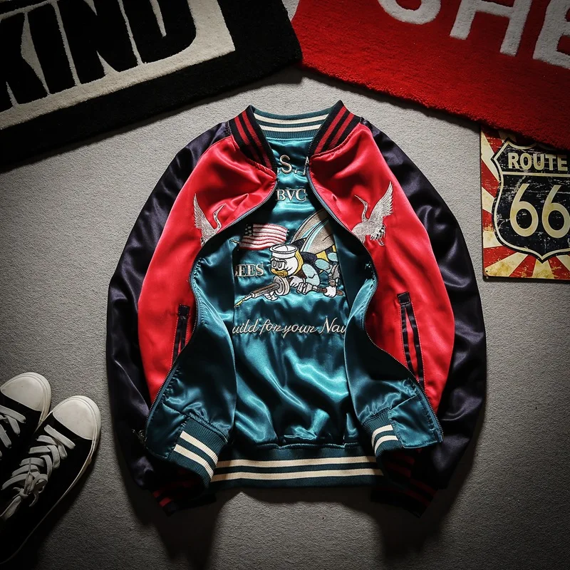 Y2k Men's Harajuku Crane Bee Embroidery Bomber Jacket Dark Culture Reversible Yokosuka Streetwear Coat